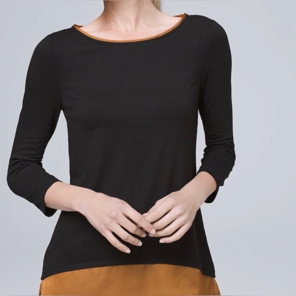NWT💕WHBM Woven Hem 3/4" Sleeve Tunic Tee Black/Cognac | Sz M